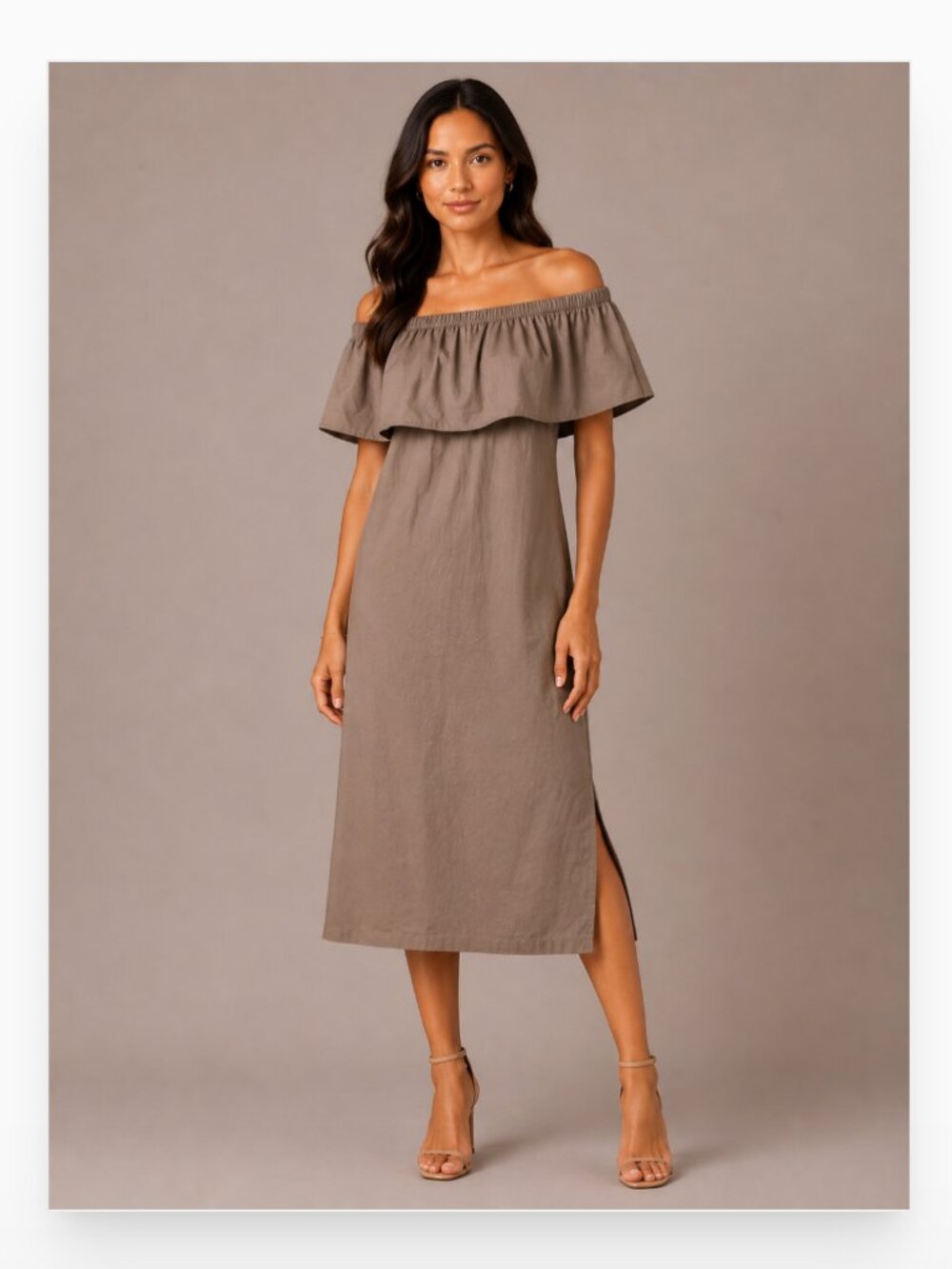 Monica Nera Dress Womens XS Beige Off Shoulder Ruffle Midi Sundress Summer Boho